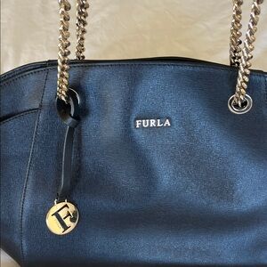 Furla Black Leather Shoulder Bag with Gold Accents